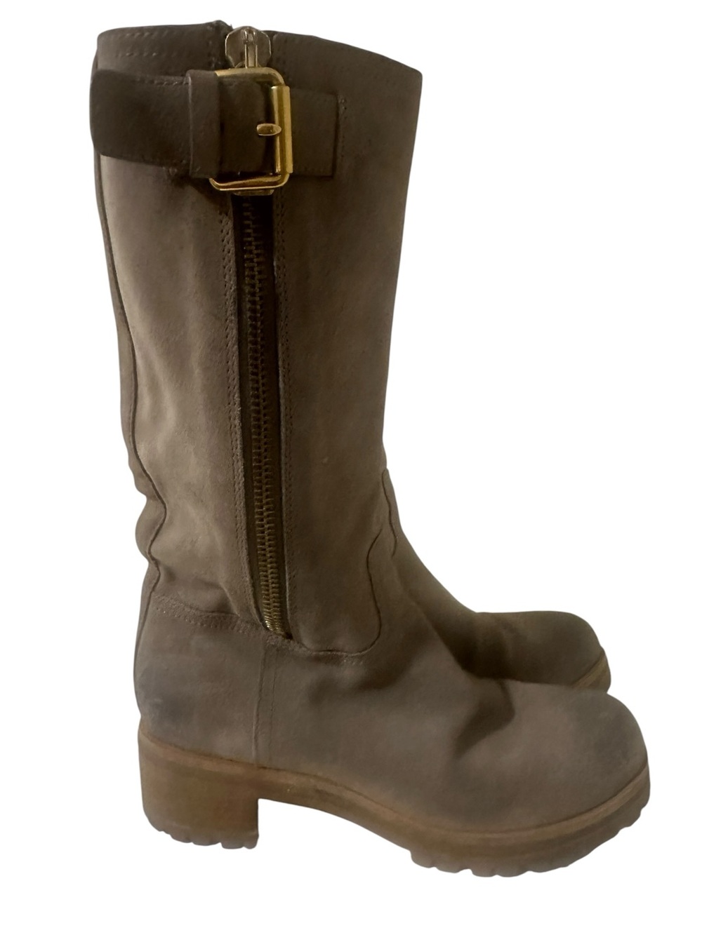 Prada Taupe Suede Over-the-Knee Boots with Gold Hardware - Picture 4 of 15